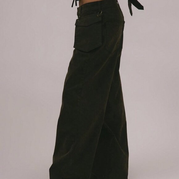 Army Green Casual Women's Velvet Denim Looped Hook On Pocket Detail Jeans - Picture 3 of 5